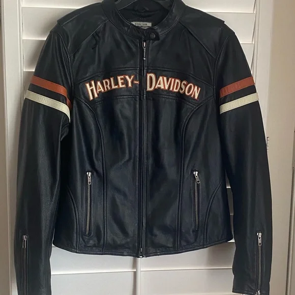 Authentic 3 in 1 Harley Davidson Black Orange Miss Enthusiast Leather Jacket Lrg - Picture 3 of 15